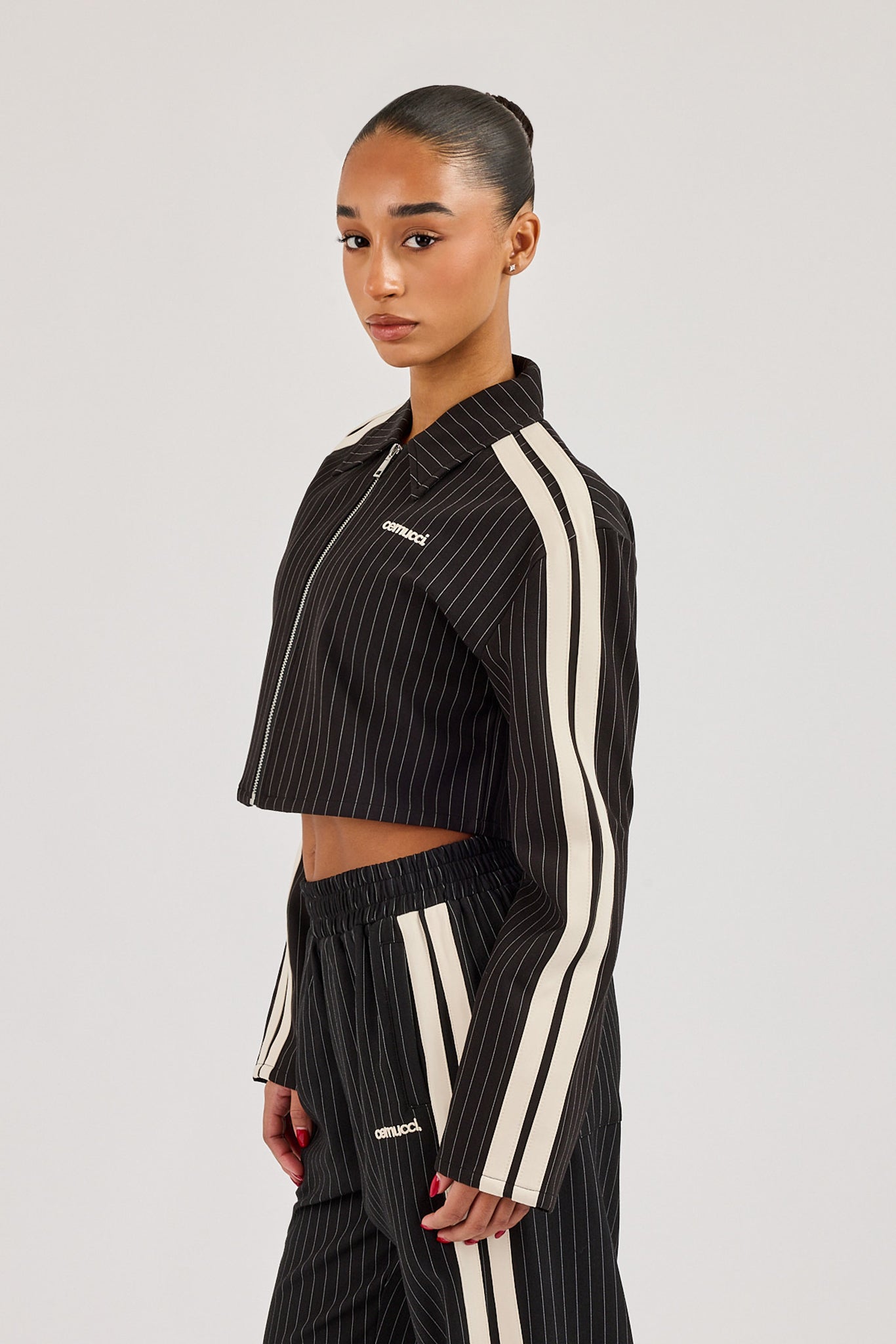 Pinstripe Taping Cropped Harrington Jacket - Black