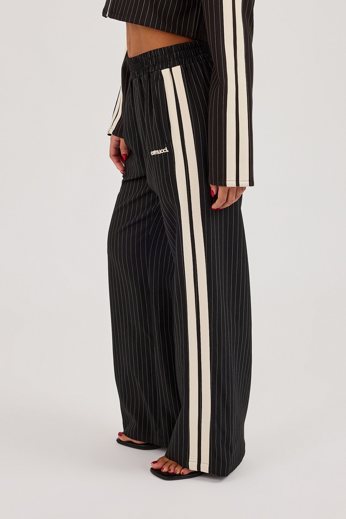 Pinstripe Taping Wide Leg Track Pant - Navy Blue