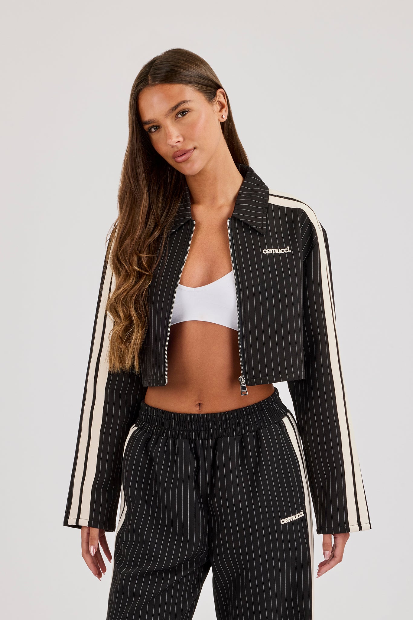 Pinstripe Taping Cropped Harrington Jacket - Black