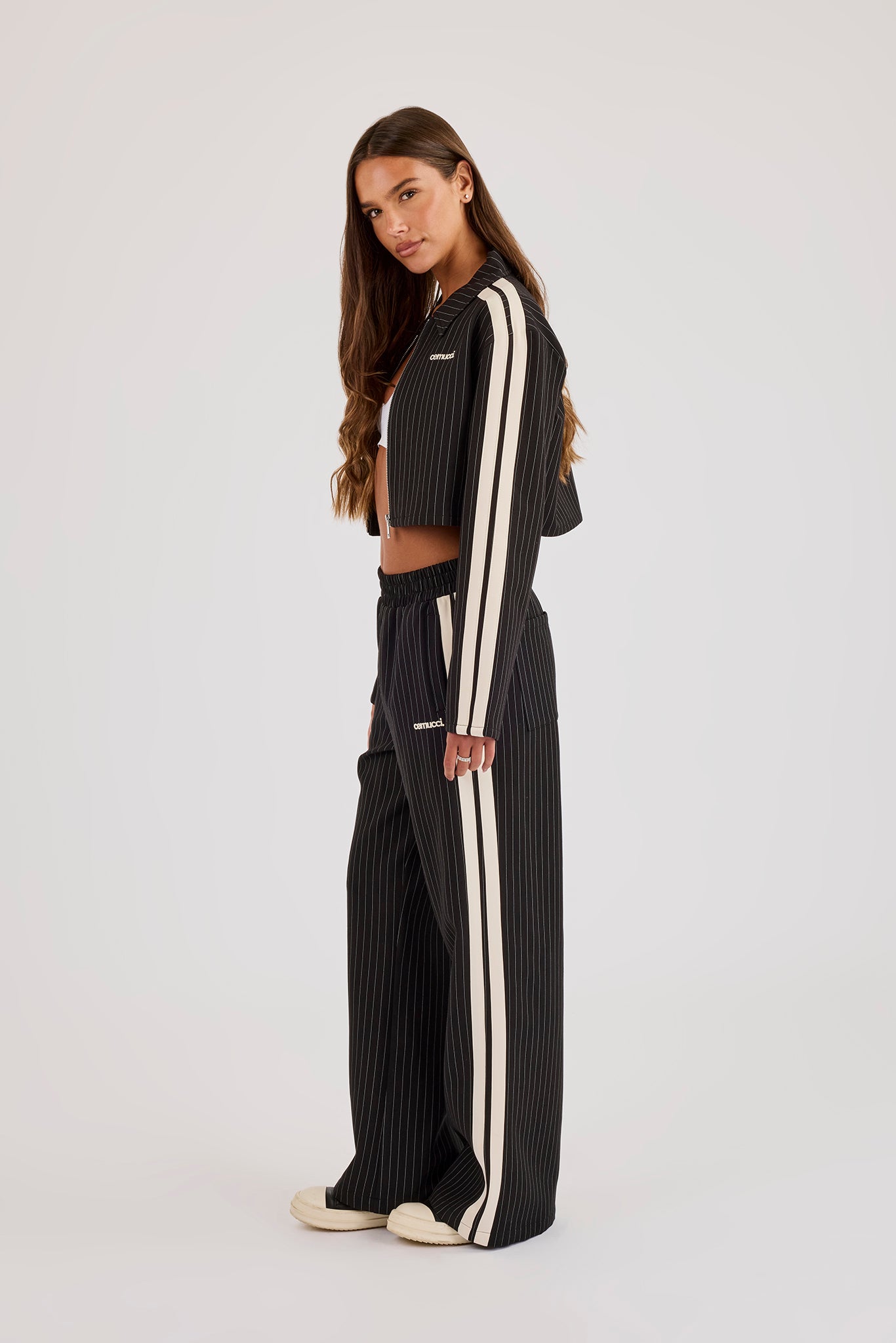 Pinstripe Taping Cropped Harrington Jacket & Wide Leg Jogger - Black