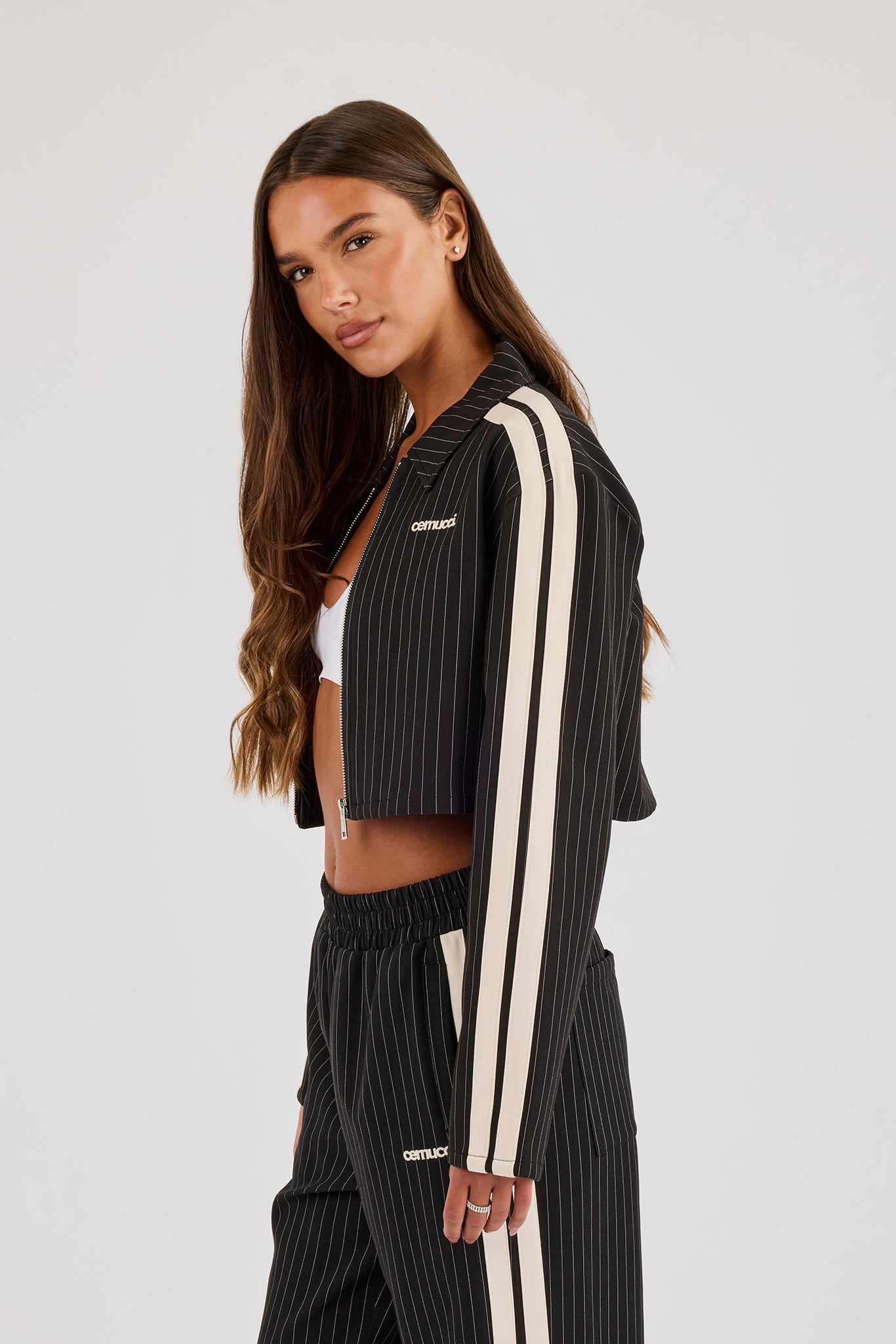 Pinstripe Taping Cropped Harrington Jacket - Black