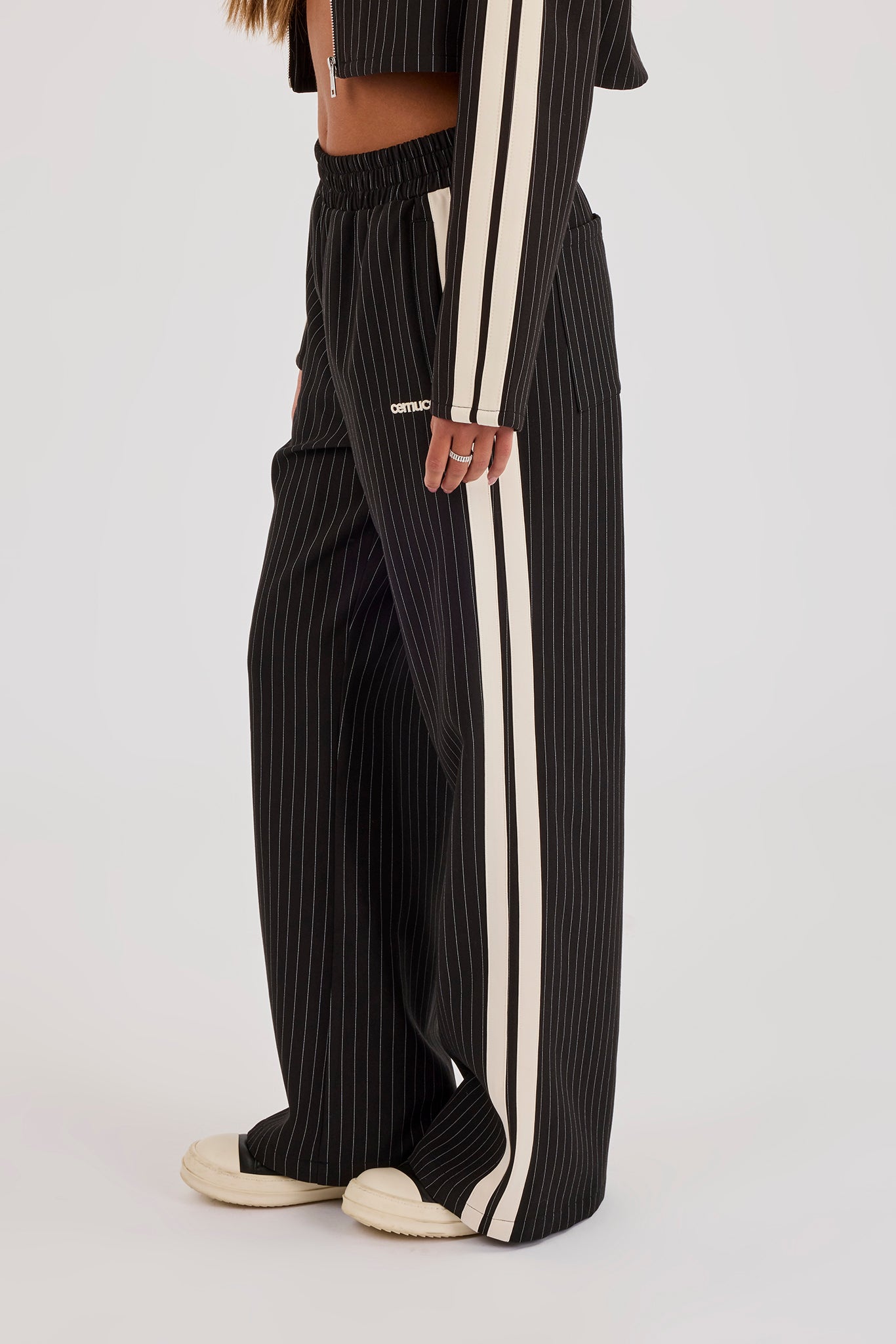 Pinstripe Taping Wide Leg Track Pant - Black