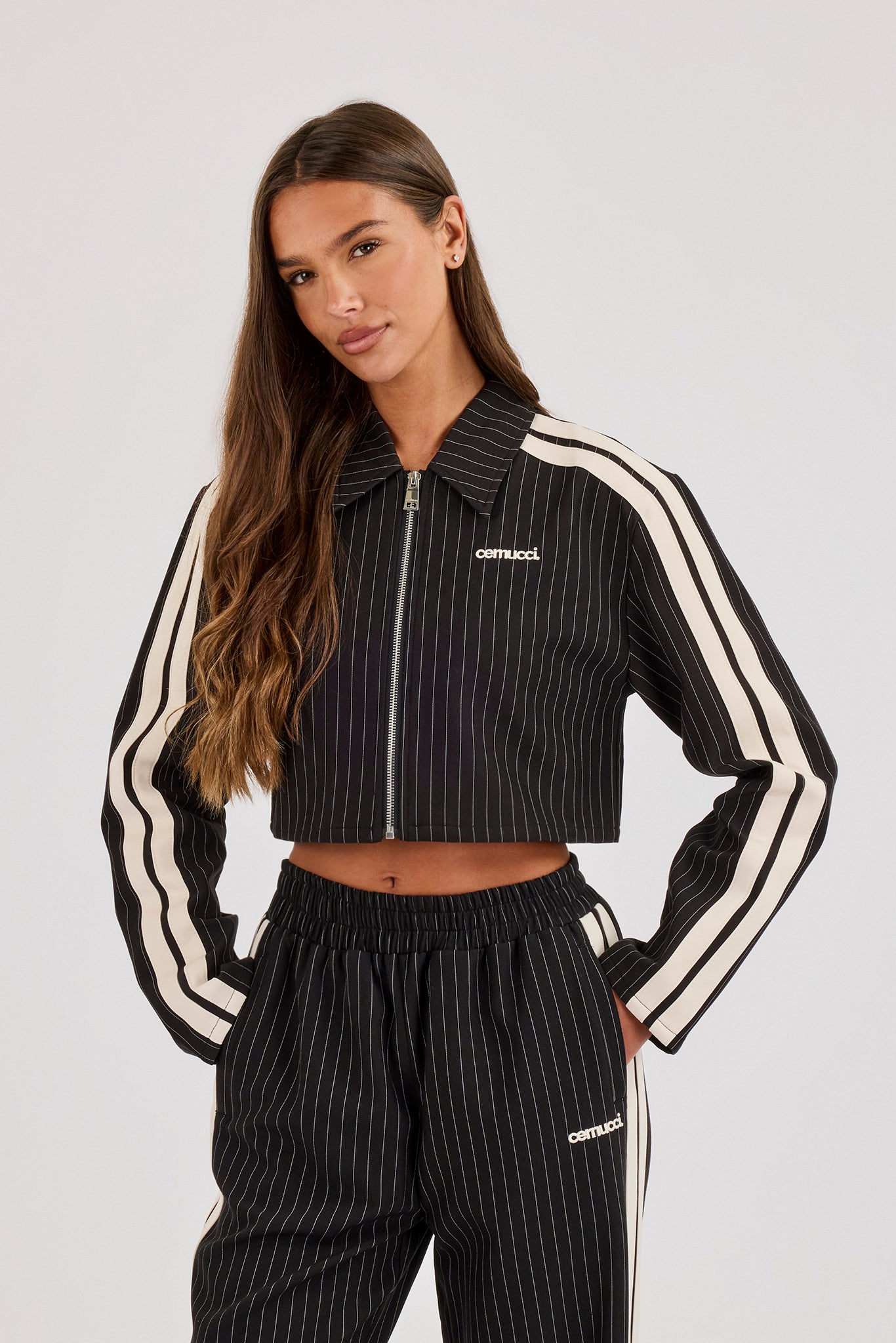 Pinstripe Taping Cropped Harrington Jacket - Black