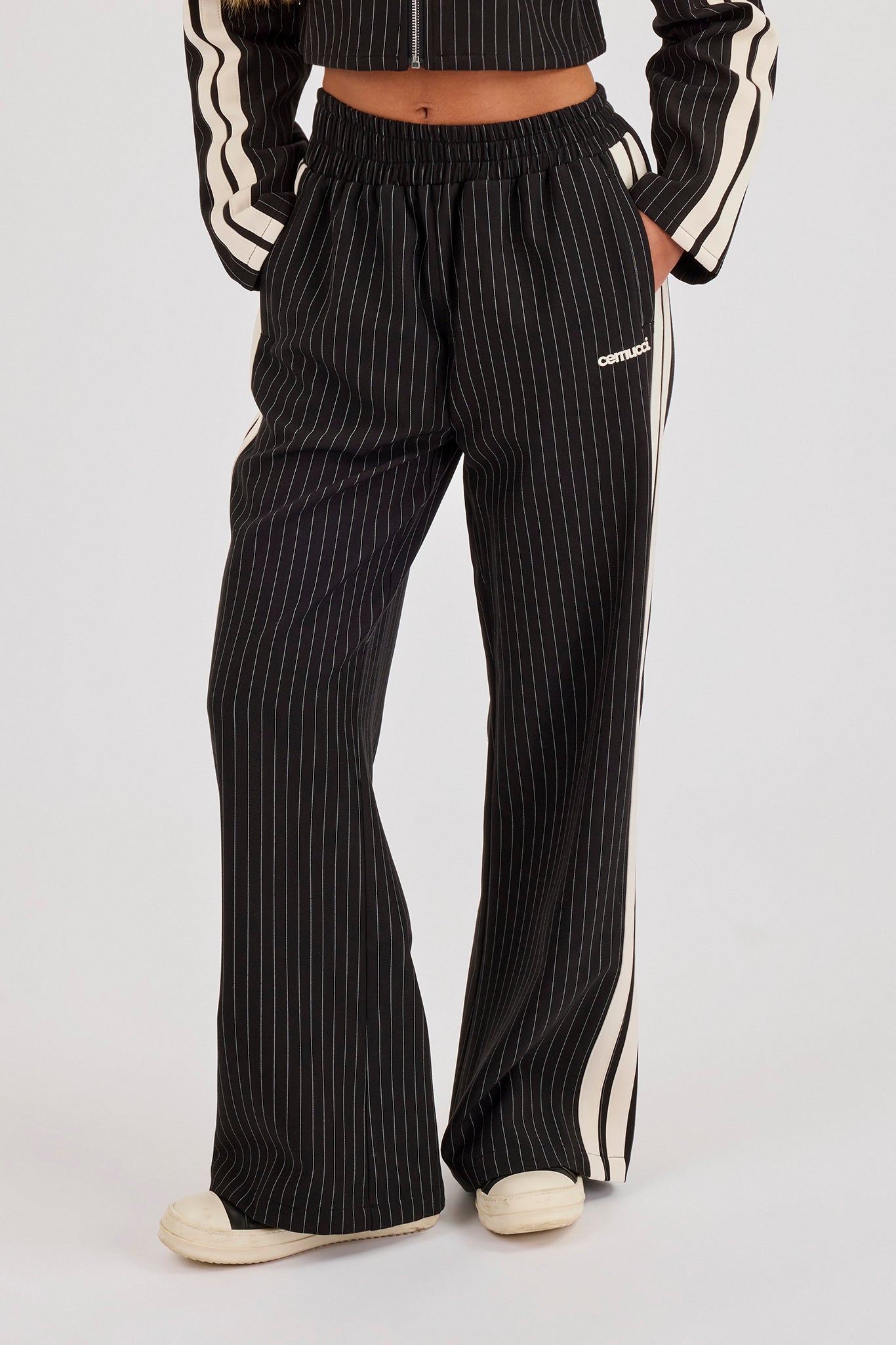 Pinstripe Taping Wide Leg Track Pant - Black