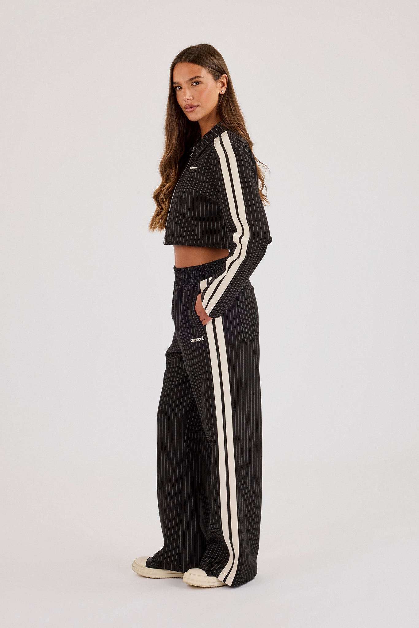 Pinstripe Taping Cropped Harrington Jacket & Wide Leg Jogger - Black