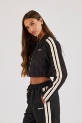 Pinstripe Taping Cropped Harrington Jacket - Black
