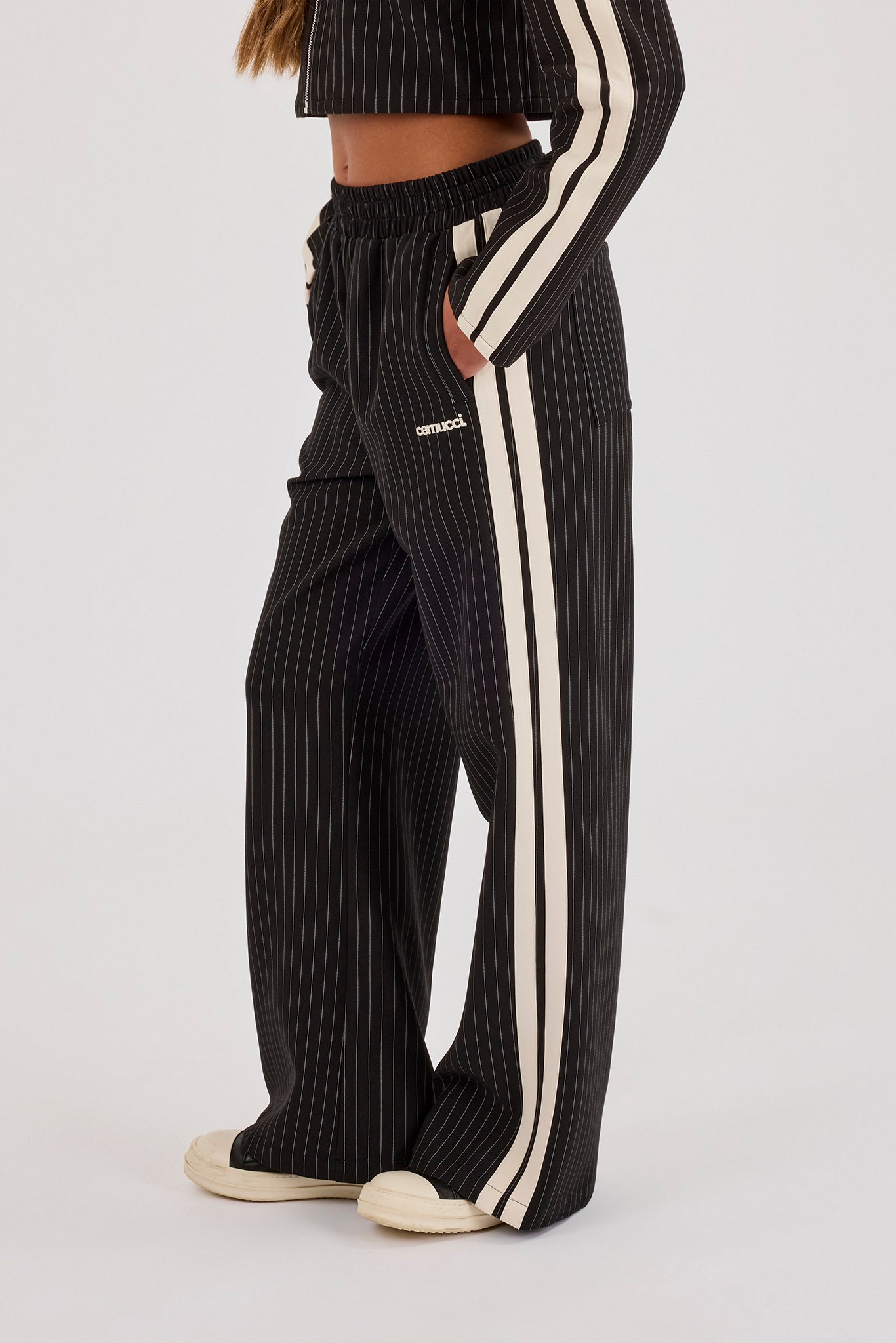 Pinstripe Taping Wide Leg Track Pant - Black
