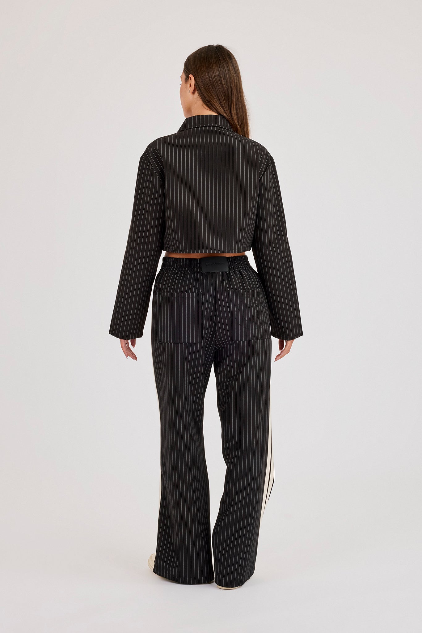 Pinstripe Taping Cropped Harrington Jacket & Wide Leg Jogger - Black