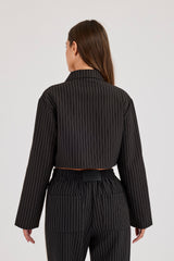 Pinstripe Taping Cropped Harrington Jacket - Black