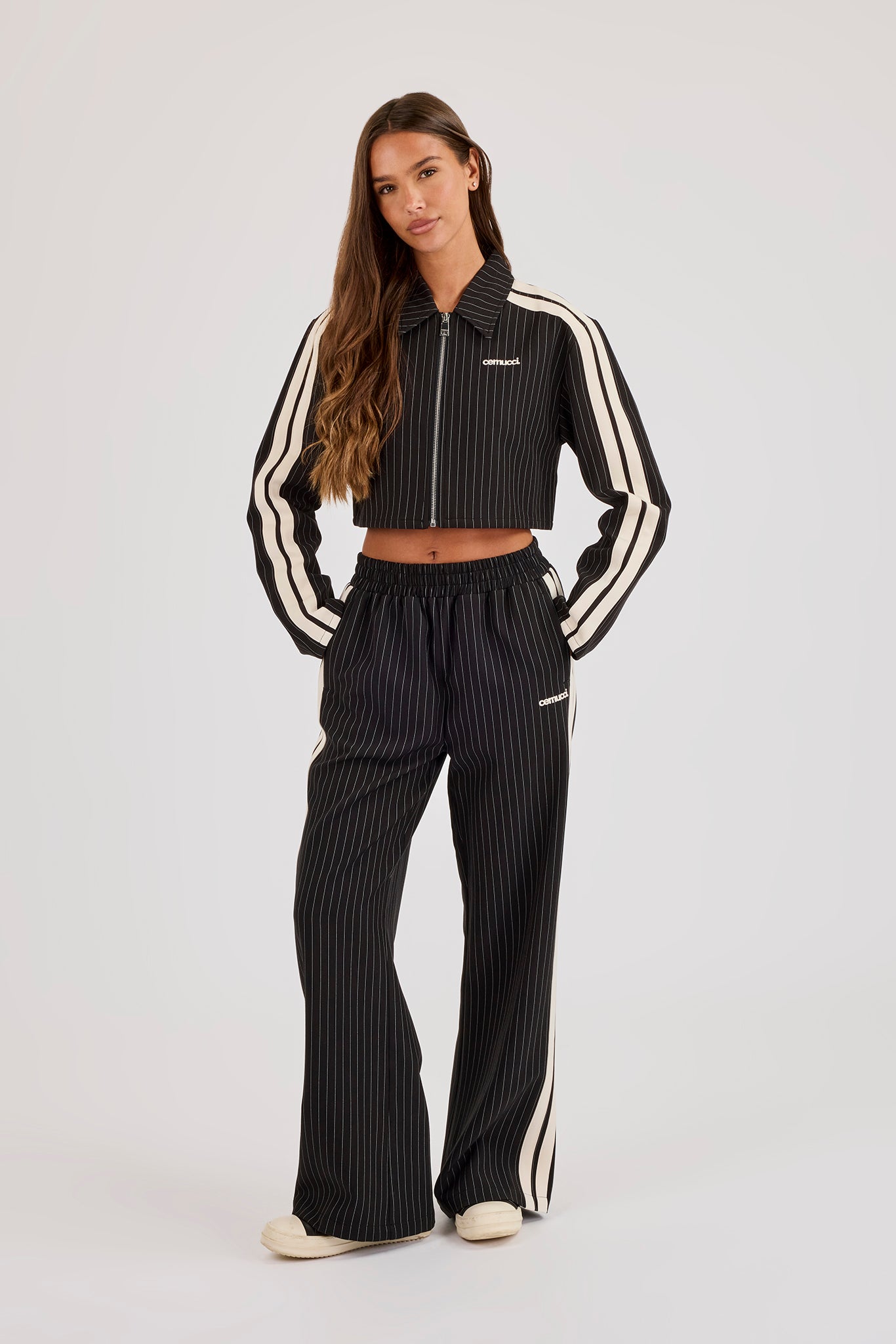 Pinstripe Taping Cropped Harrington Jacket & Wide Leg Jogger - Black