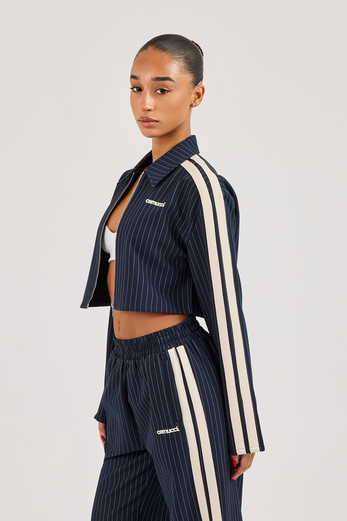 Pinstripe Taping Cropped Harrington Jacket - Navy Blue