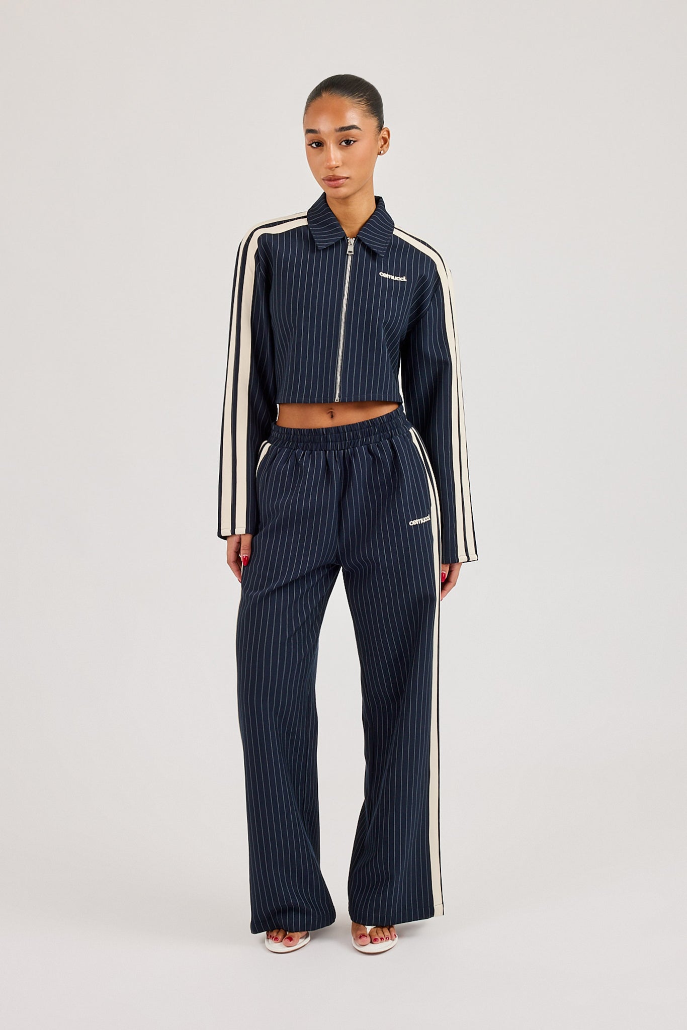 Pinstripe Taping Cropped Harrington Jacket & Wide Leg Track Pant - Navy Blue