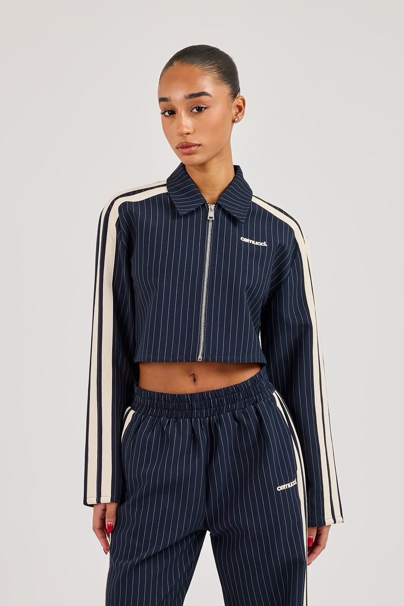 Pinstripe Taping Cropped Harrington Jacket - Navy Blue