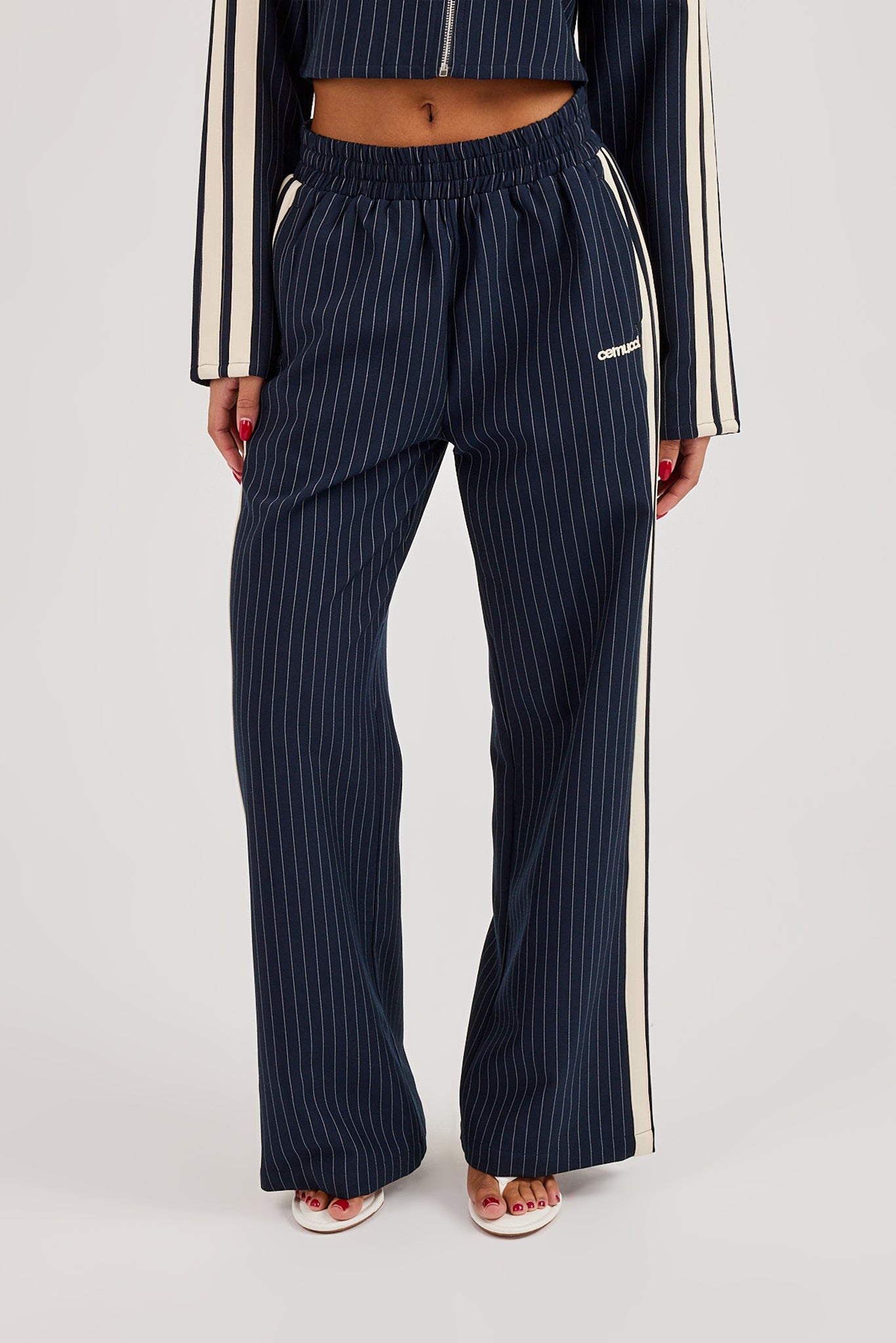 Pinstripe Taping Wide Leg Track Pant - Navy Blue
