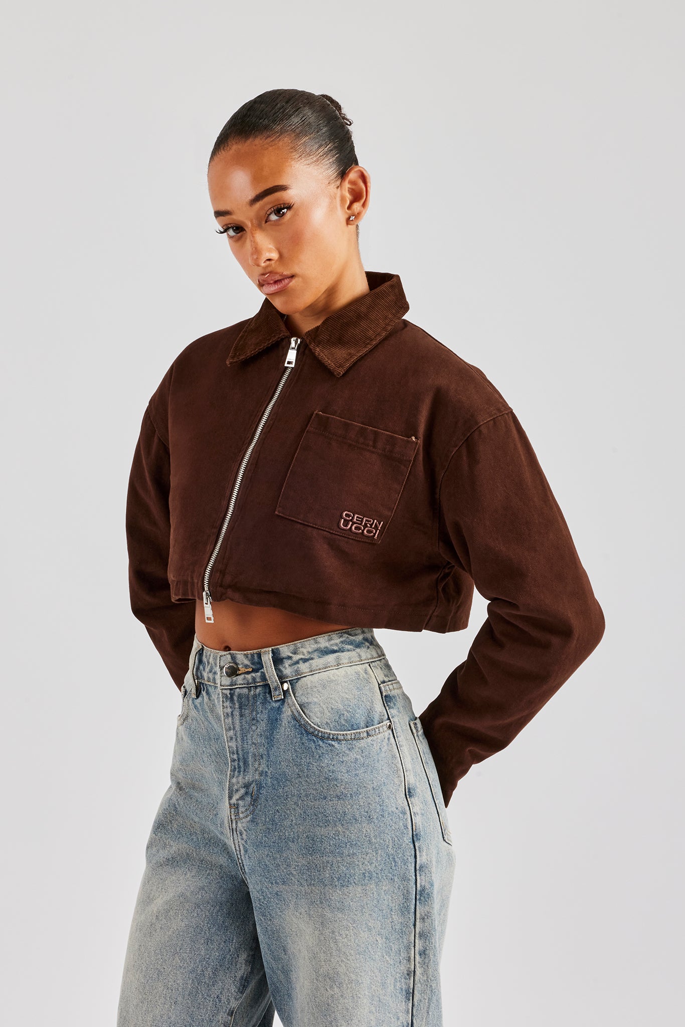 Twill Cord Collar Harrington Jacket - Chocolate | Womens Outerwear