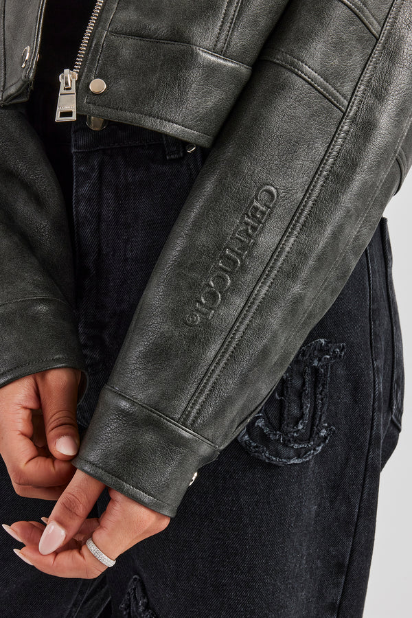 Washed Oversized PU Jacket - Charcoal