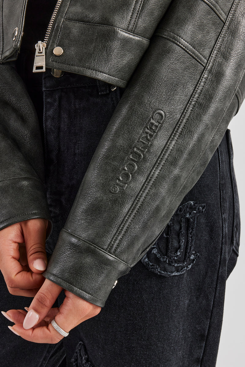 Verwaschene Oversize-PU-Jacke - Anthrazit 