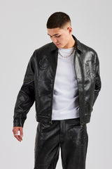 Set aus Jacke und Hose aus PU mit geprägtem Motiv - Schwarz 