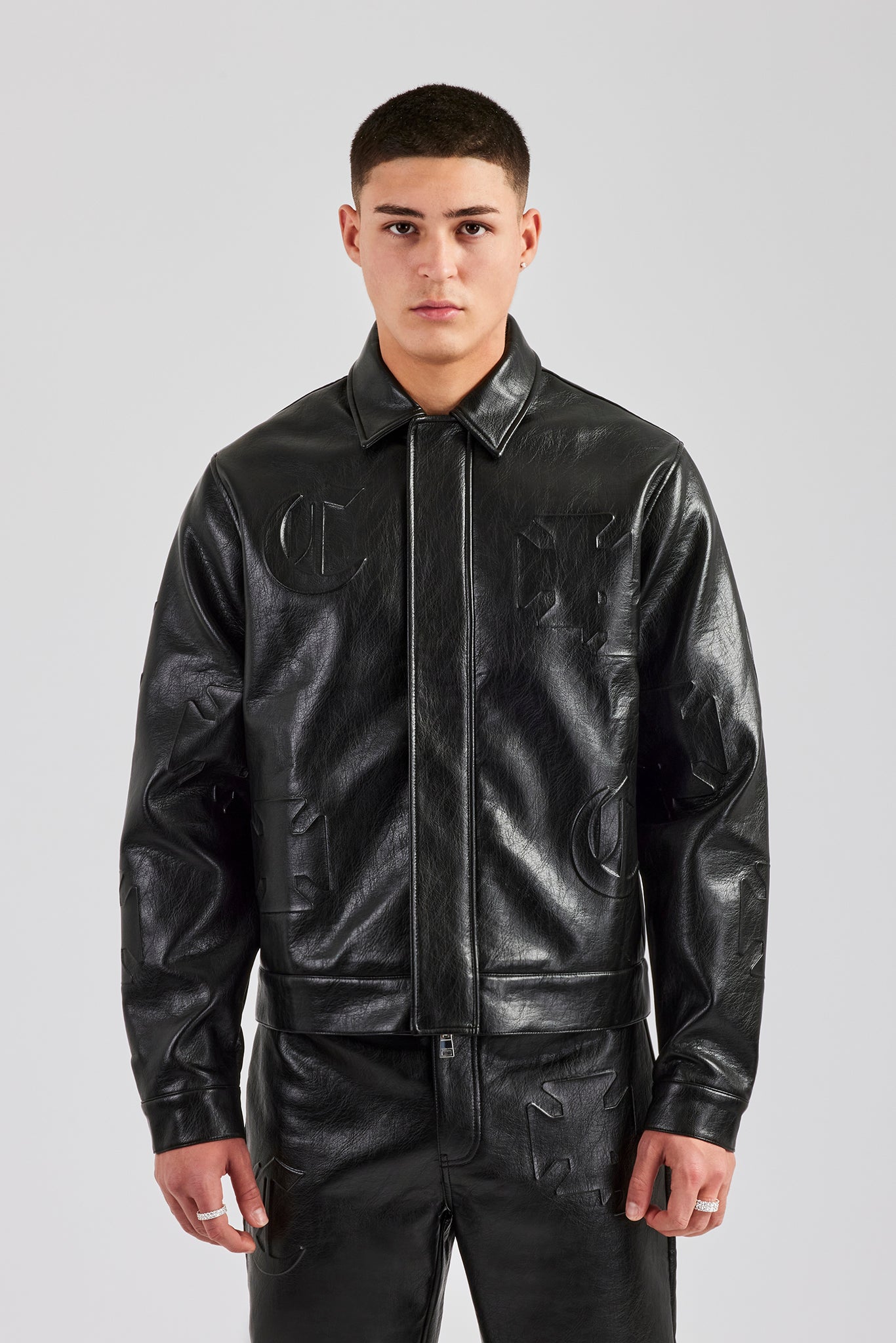 Embossed Motif PU Harrington Jacket - Black | Mens Outerwear
