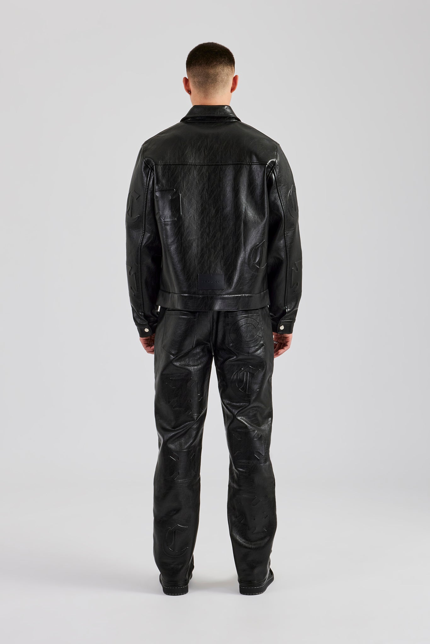 Embossed Motif PU Harrington Jacket - Black | Mens Outerwear