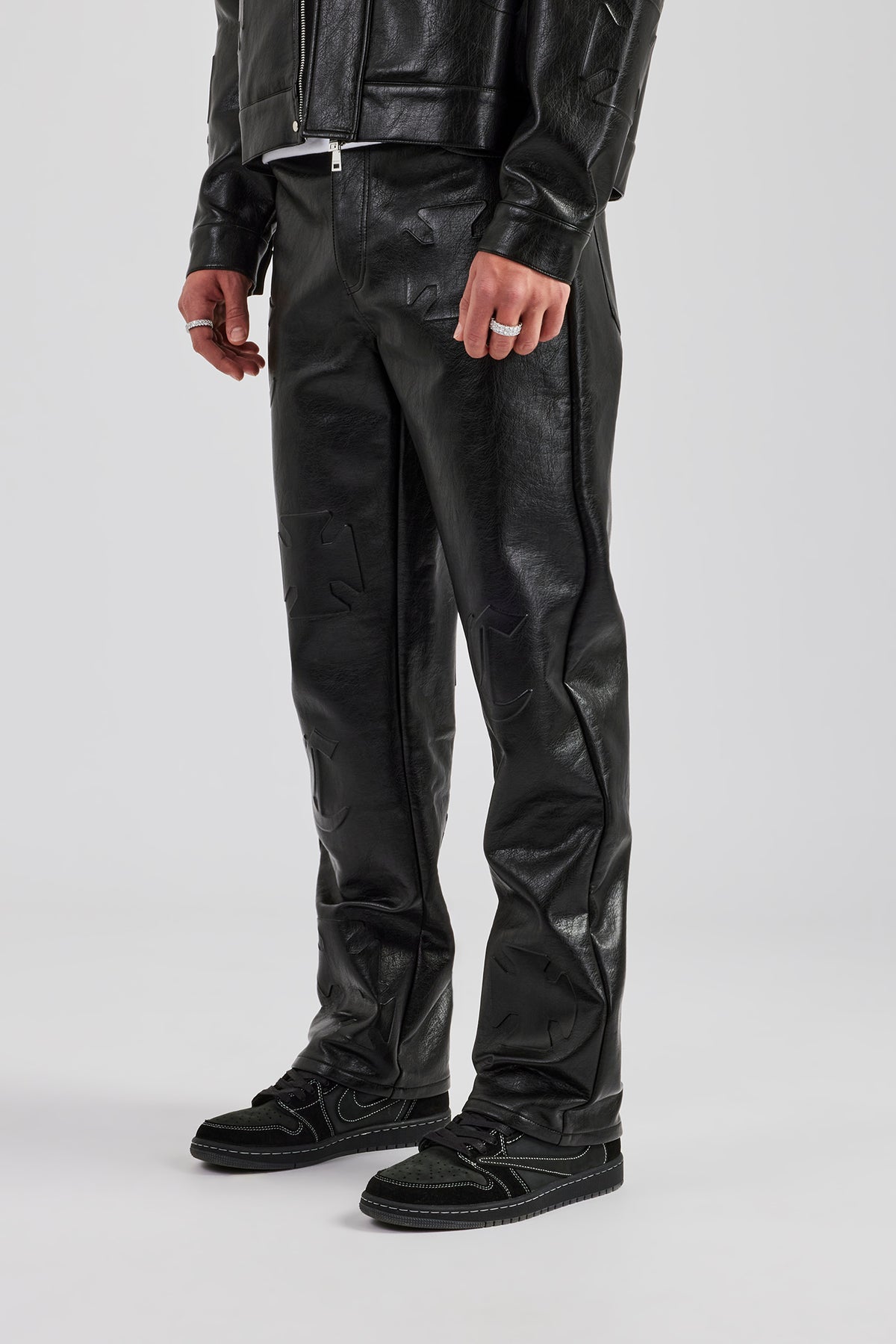 Embossed Motif Straight Leg PU Trouser - Black | Mens Bottoms 