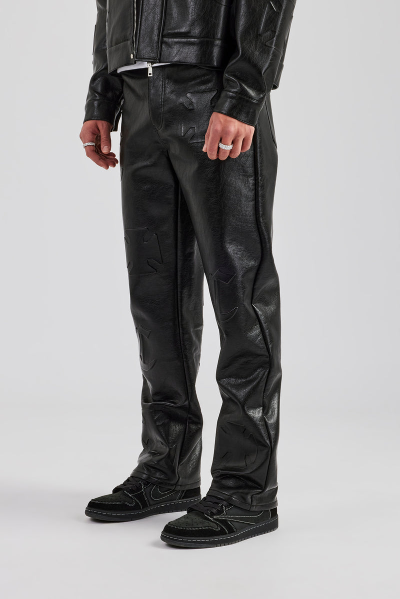 Gerade geschnittene PU-Hose mit geprägtem Motiv - Schwarz