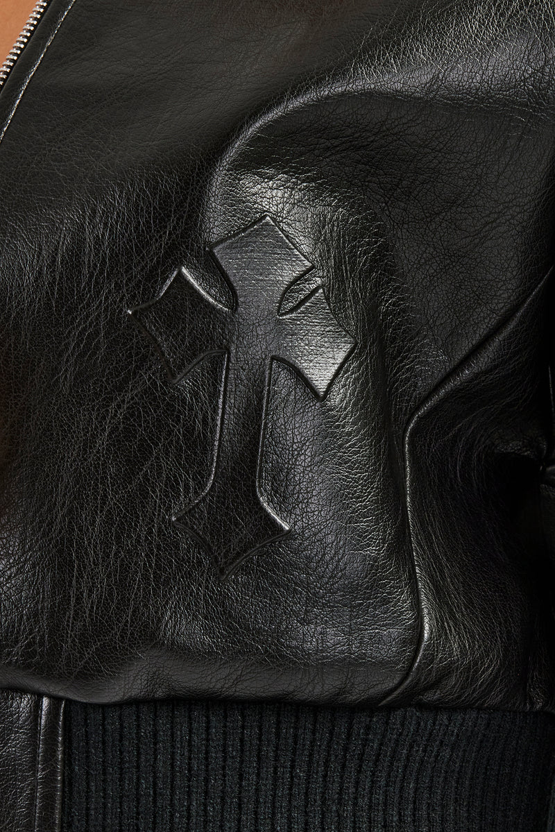 PU-Bomberjacke mit geprägtem Kreuz - Schwarz 