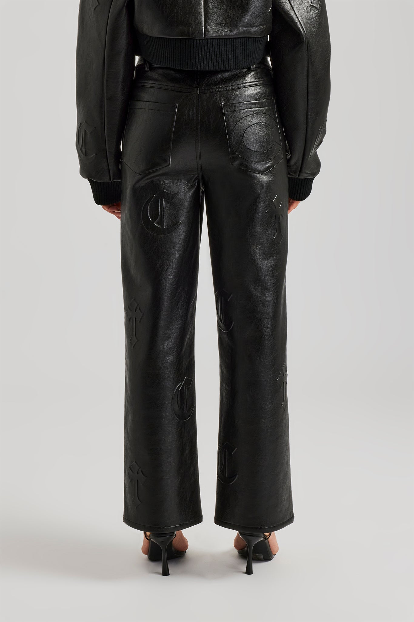 Embossed Cross Straight Leg PU Trouser - Black