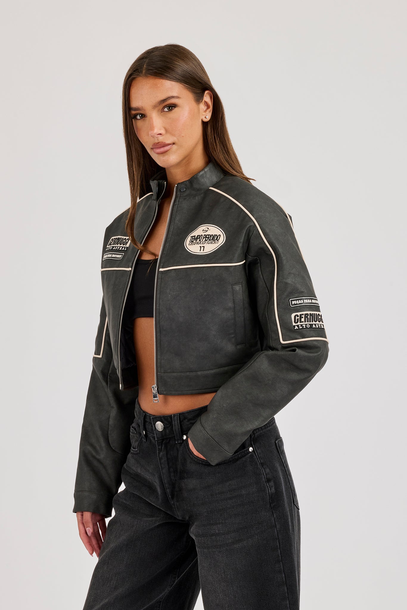 PU Cropped Moto Jacket - Charcoal