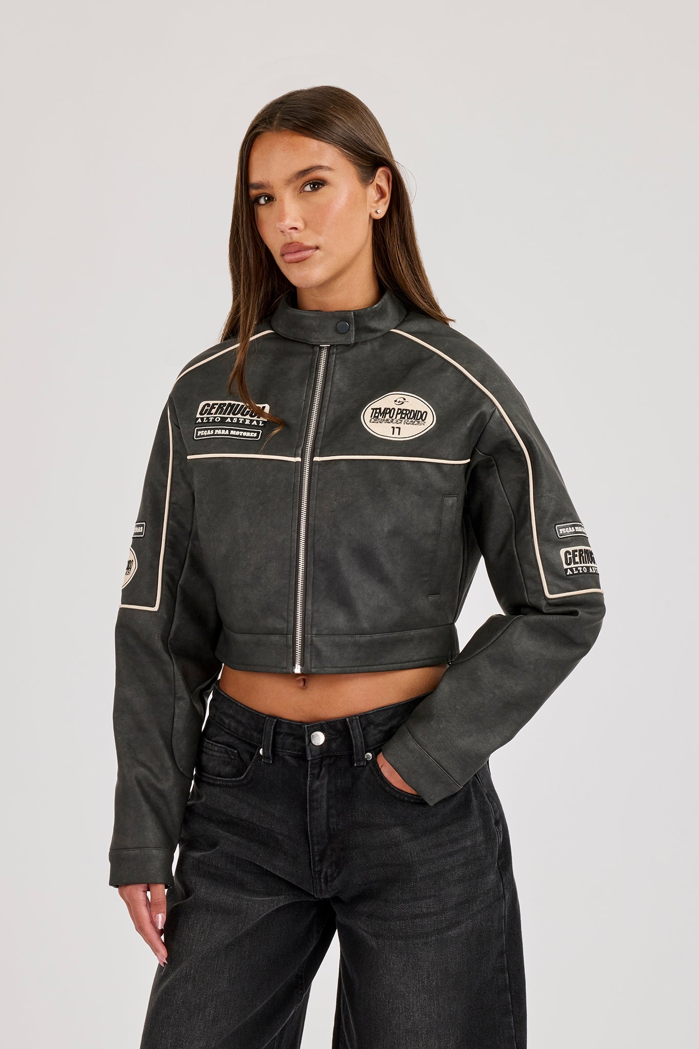 PU Cropped Moto Jacket - Charcoal