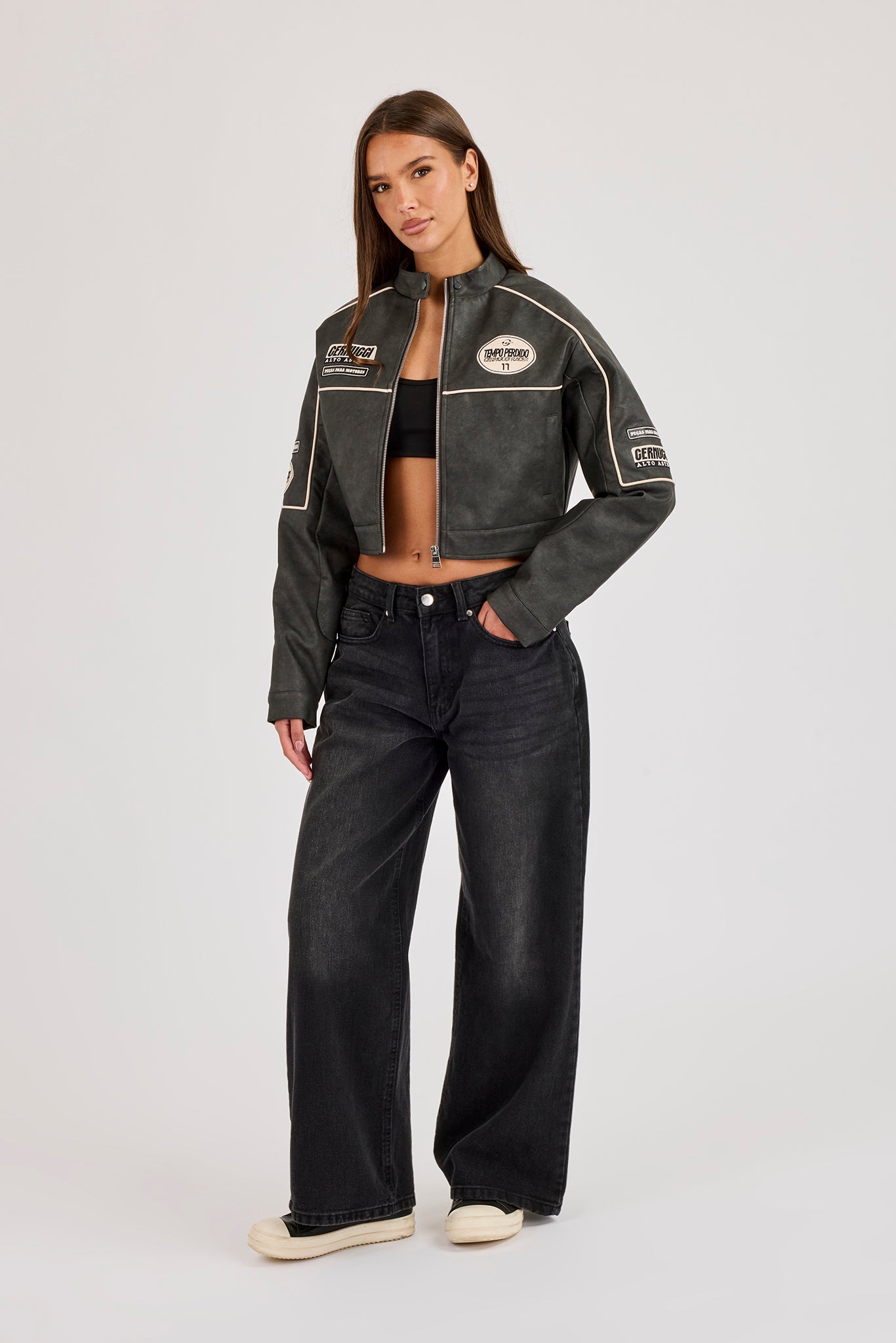 PU Cropped Moto Jacket - Charcoal