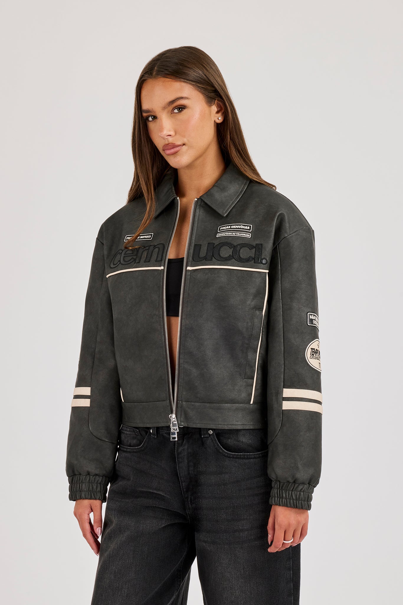 PU Badge Embroidered Moto Harrington Jacket - Charcoal