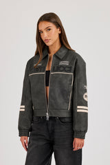 PU Badge Embroidered Moto Harrington Jacket - Charcoal