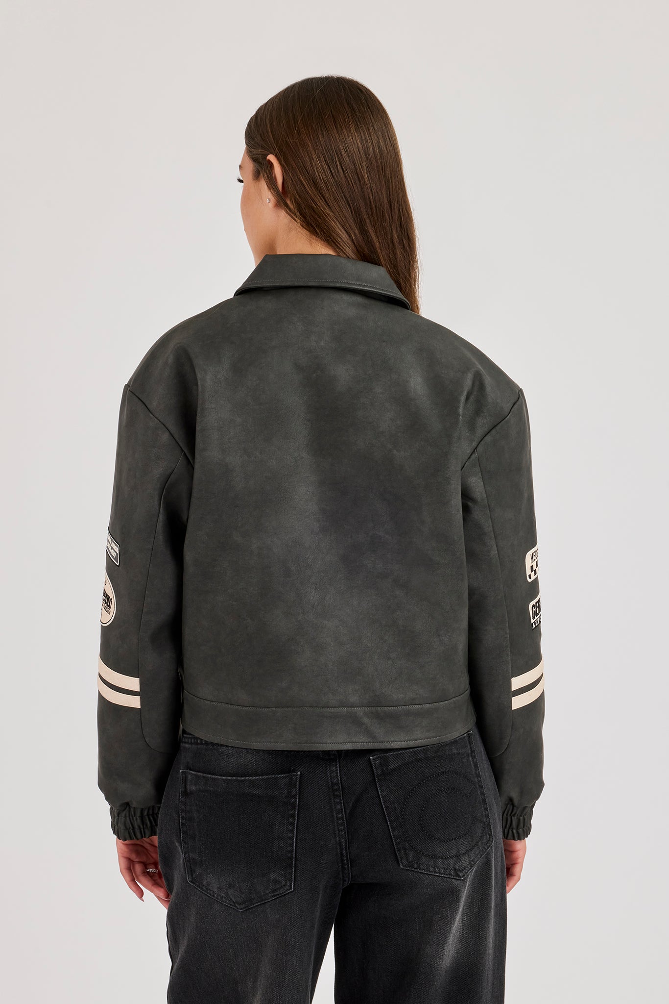 PU Badge Embroidered Moto Harrington Jacket - Charcoal