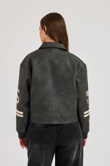 PU Badge Embroidered Moto Harrington Jacket - Charcoal