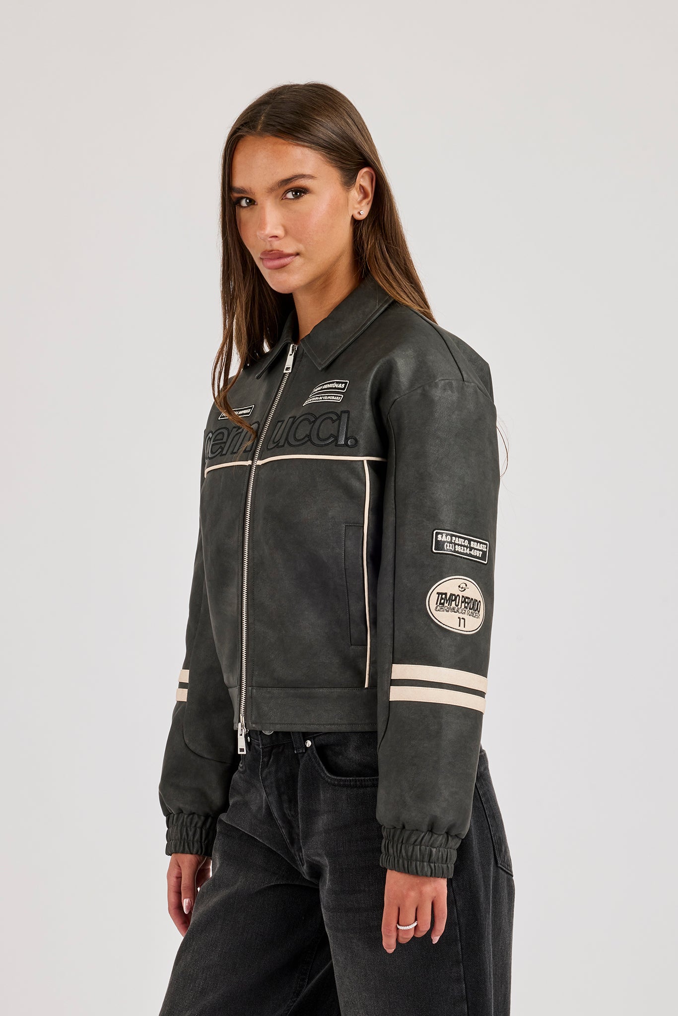 PU Badge Embroidered Moto Harrington Jacket - Charcoal