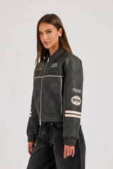 PU Badge Embroidered Moto Harrington Jacket - Charcoal