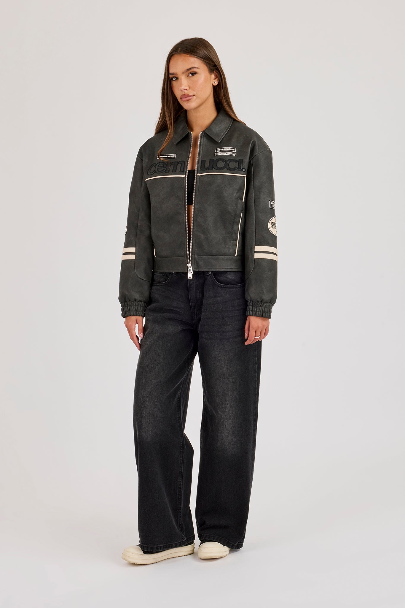 PU Badge Embroidered Moto Harrington Jacket - Charcoal