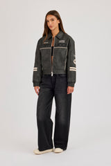 PU Badge Embroidered Moto Harrington Jacket - Charcoal