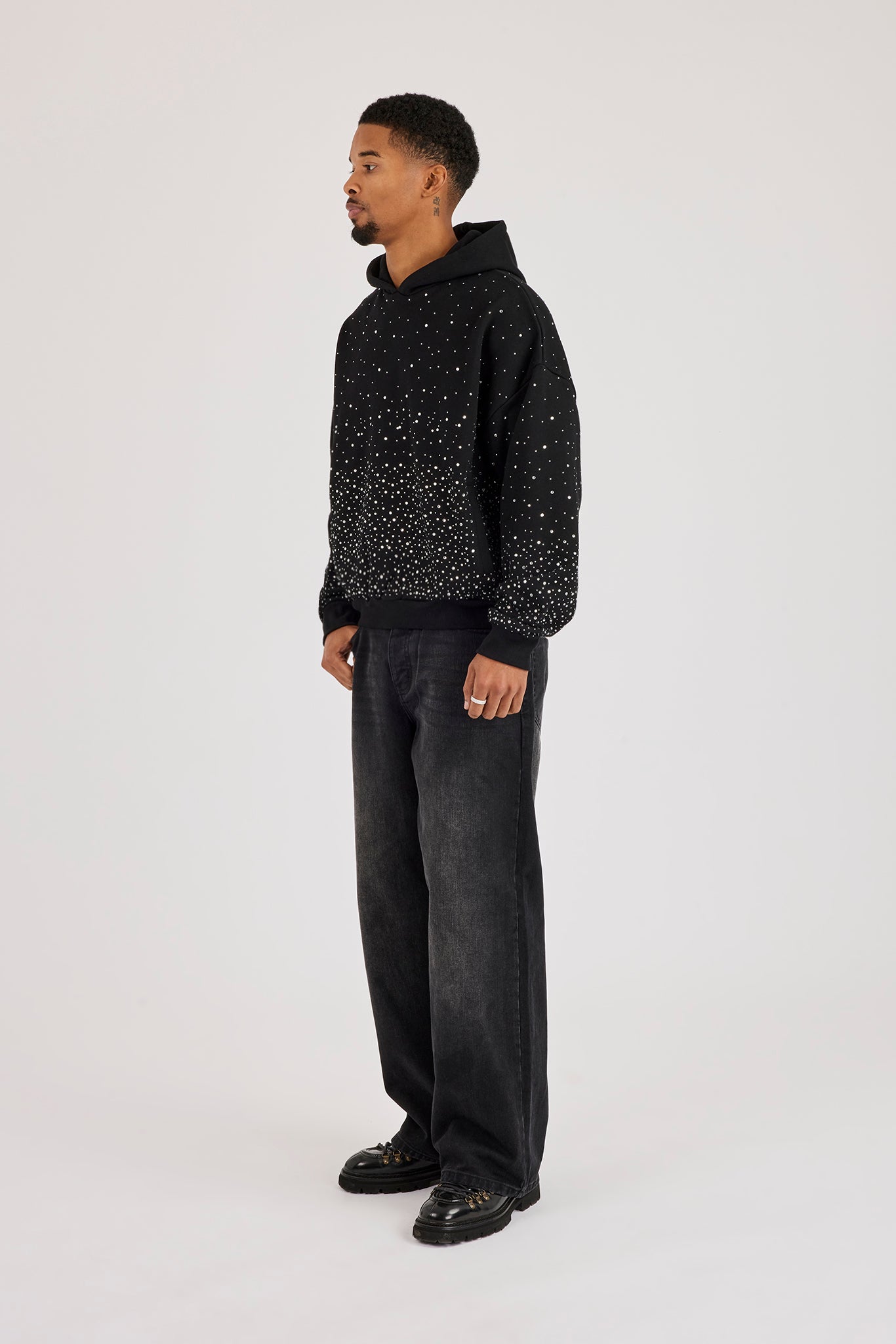 Mens Boxy Rhinestone Hoodie - Black