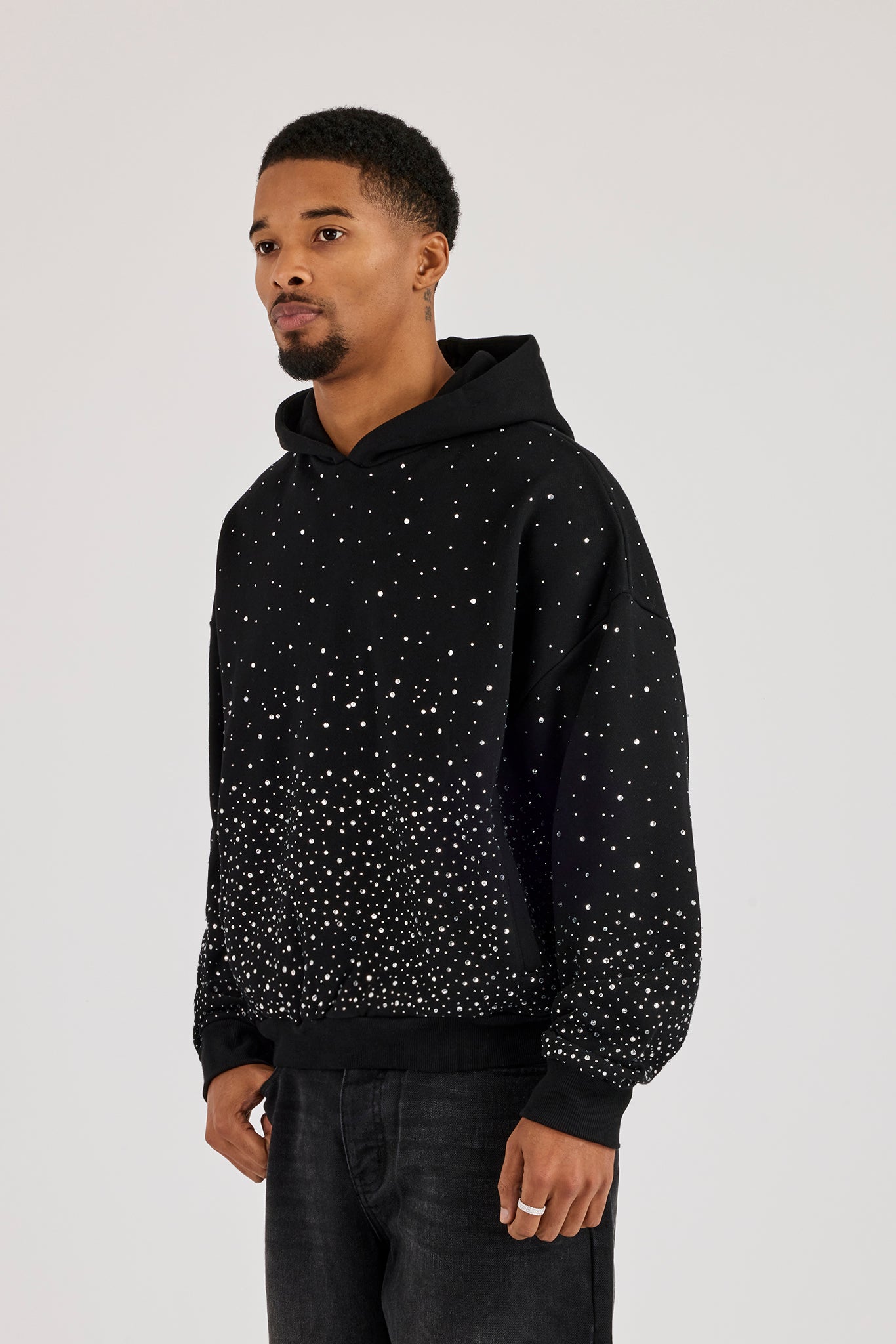 Mens Boxy Rhinestone Hoodie - Black