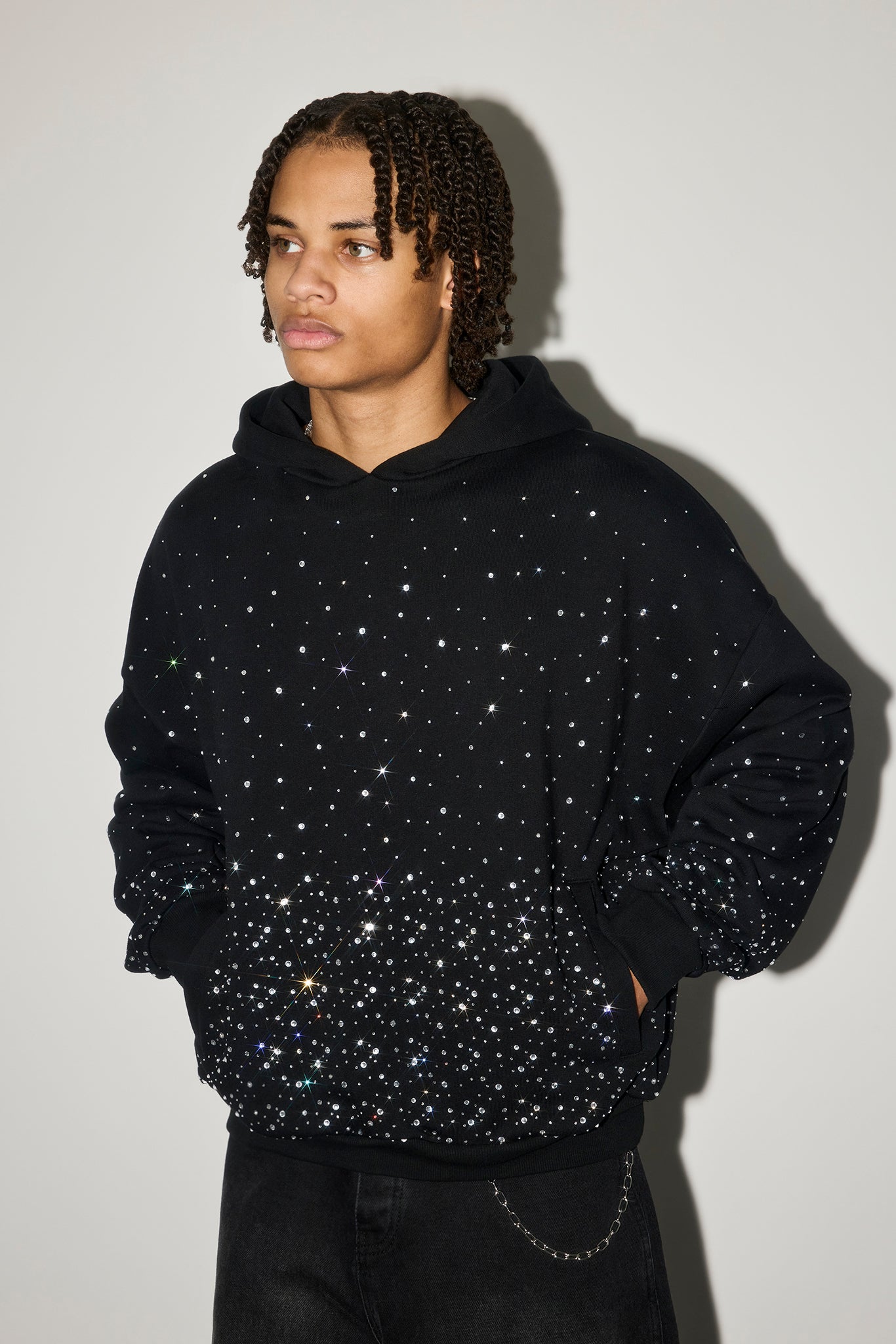 Mens Boxy Rhinestone Hoodie - Black