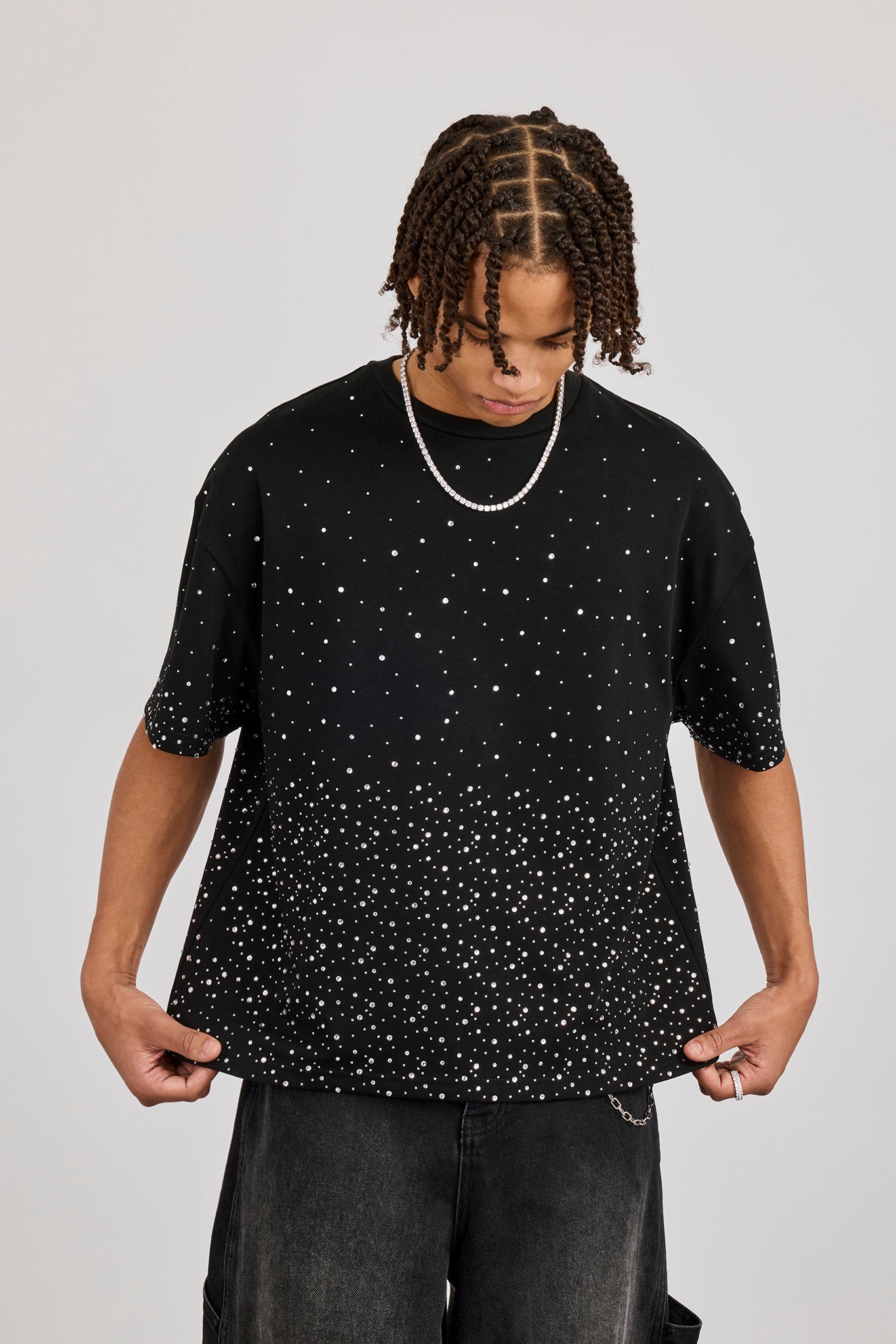 Boxy Rhinestone T-Shirt - Black