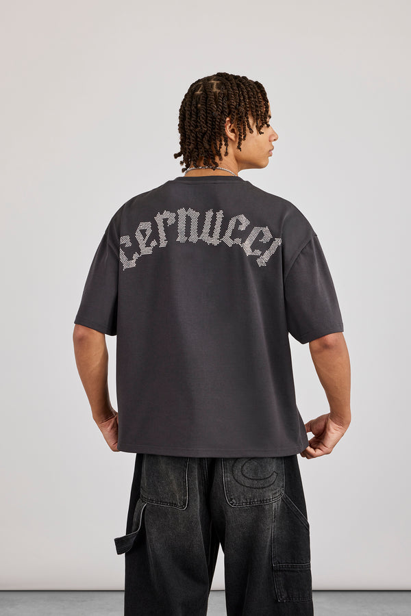 Boxy Rhinestone Logo T-Shirt - Charcoal