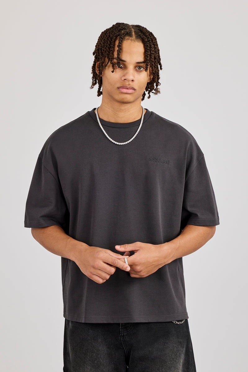 Boxy Rhinestone Logo T-Shirt - Charcoal