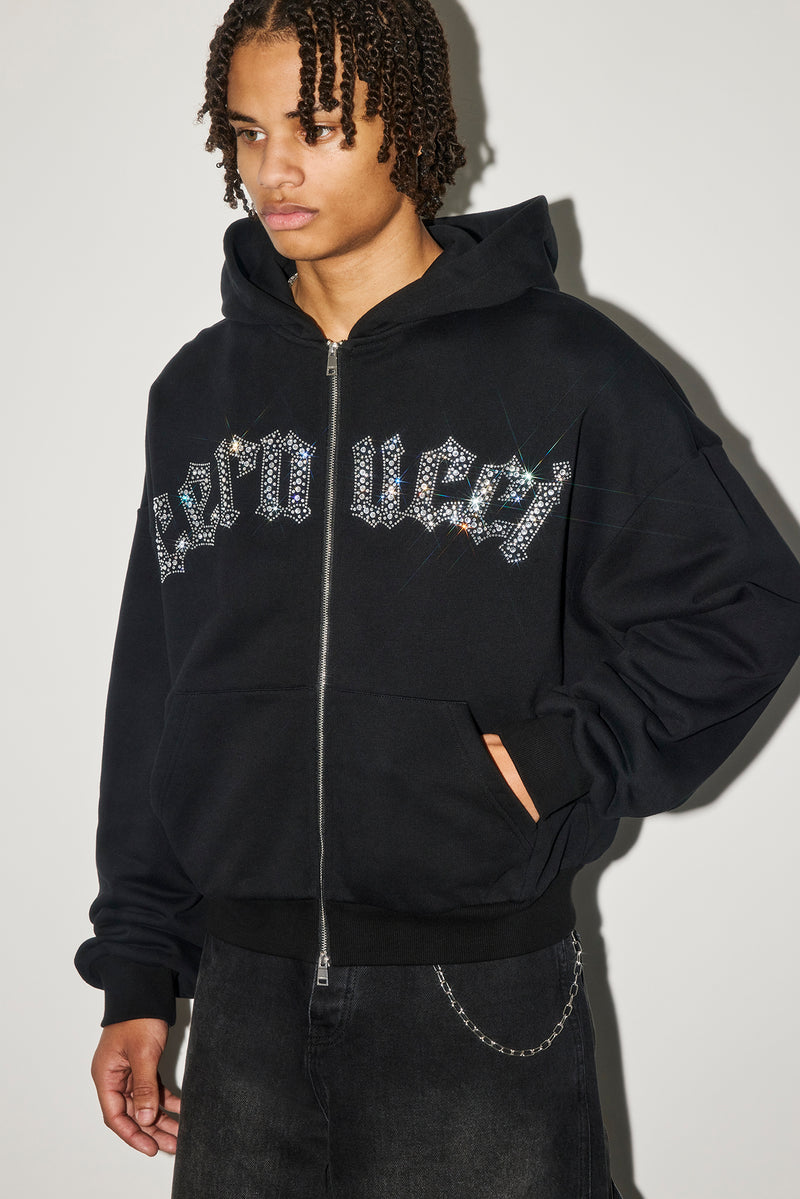 Rhinestone Logo Zip Hoodie - Black