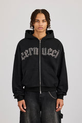 Rhinestone Logo Zip Hoodie - Black