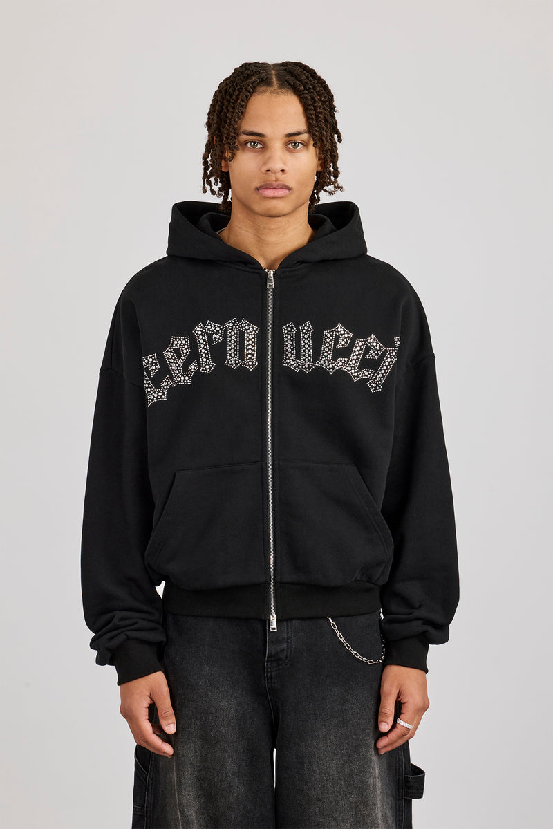 Rhinestone Logo Zip Hoodie - Black