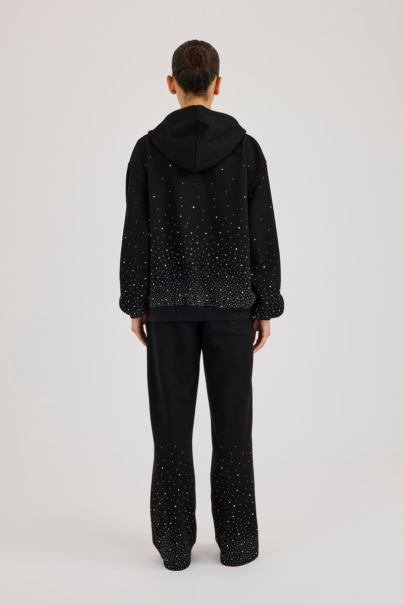 Oversized Rhinestone Zip Hoodie - Black