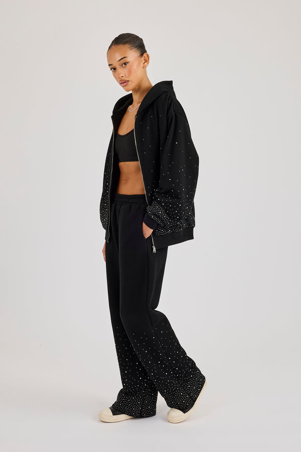 Oversized Rhinestone Zip Hoodie & Wide Leg Jogger - Black